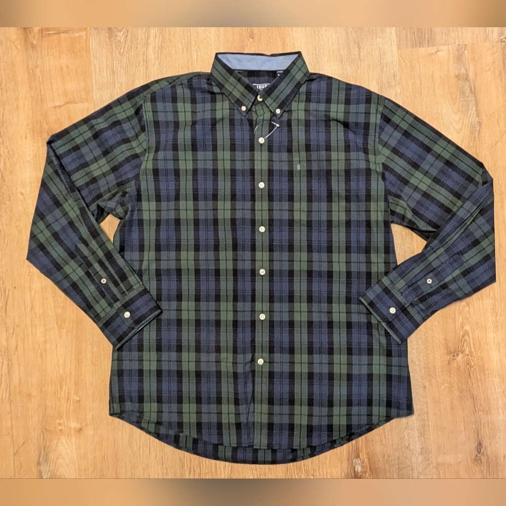 IZOD Button Down Green and Navy Plaid Shirt NWOT XL